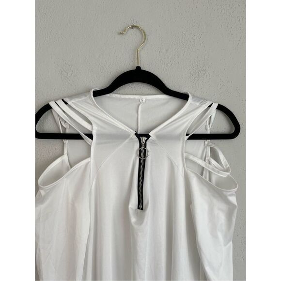 Woman White Zipper V-Neck Cutout Long-Sleeve Shift Dress, Small - Picture 3 of 7